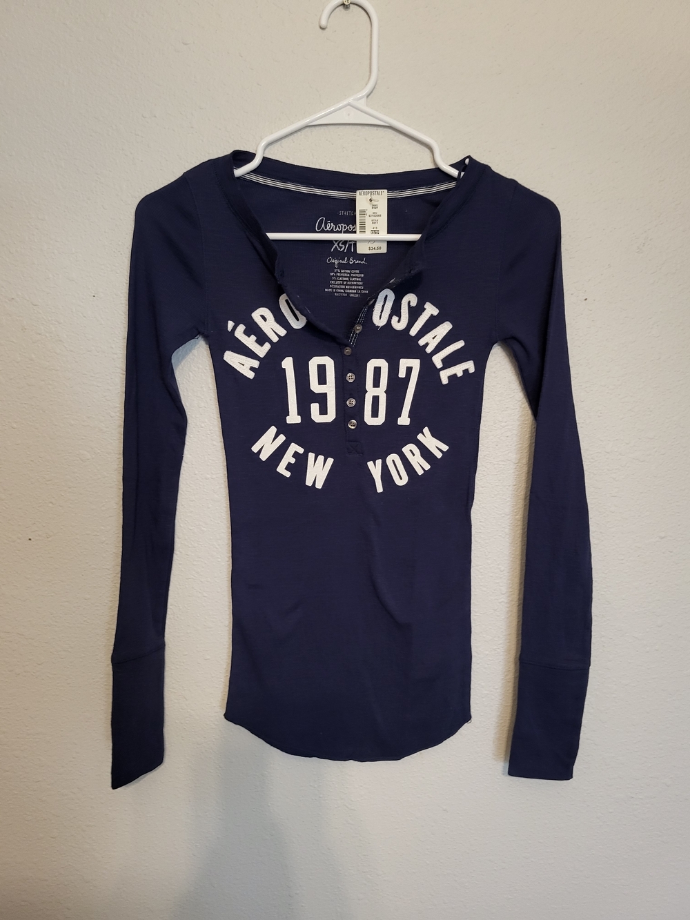 Aeropostale Navy Blue Long Sleeve Henley Graphic Tee
